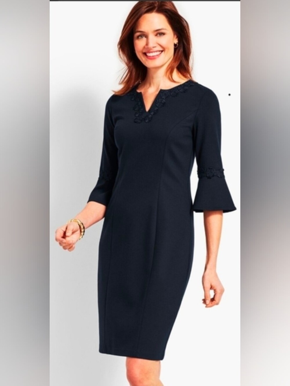 Talbots Navy Midi Dress Floral Trim Bell Sleeves 39" long sz 14